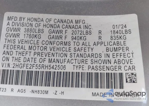 2024 Honda Civic Sport z USA, uszkodzony, nr VIN 2HGFE2F55RH542506